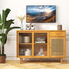 Modern bamboo buffet sideboard cabinet with tempered glass sliding doors, featuring rattan accents, for stylish storage.