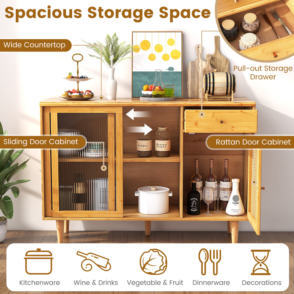Modern bamboo buffet sideboard cabinet with sliding glass doors and rattan accents, ideal for stylish kitchen storage.