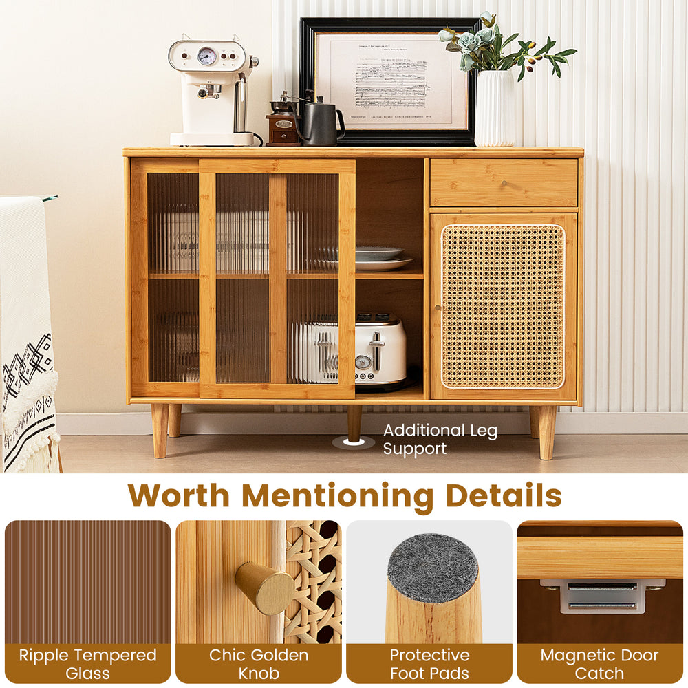 Modern bamboo buffet sideboard cabinet showcasing chic golden knob and protective foot pads for enhanced durability.