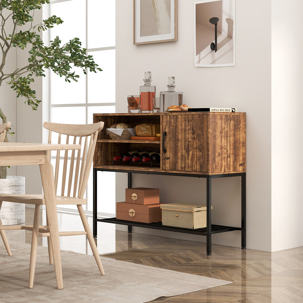 Buffet sideboard coffee bar cabinet in rustic brown with power outlets, USB ports, and detachable wine racks for.