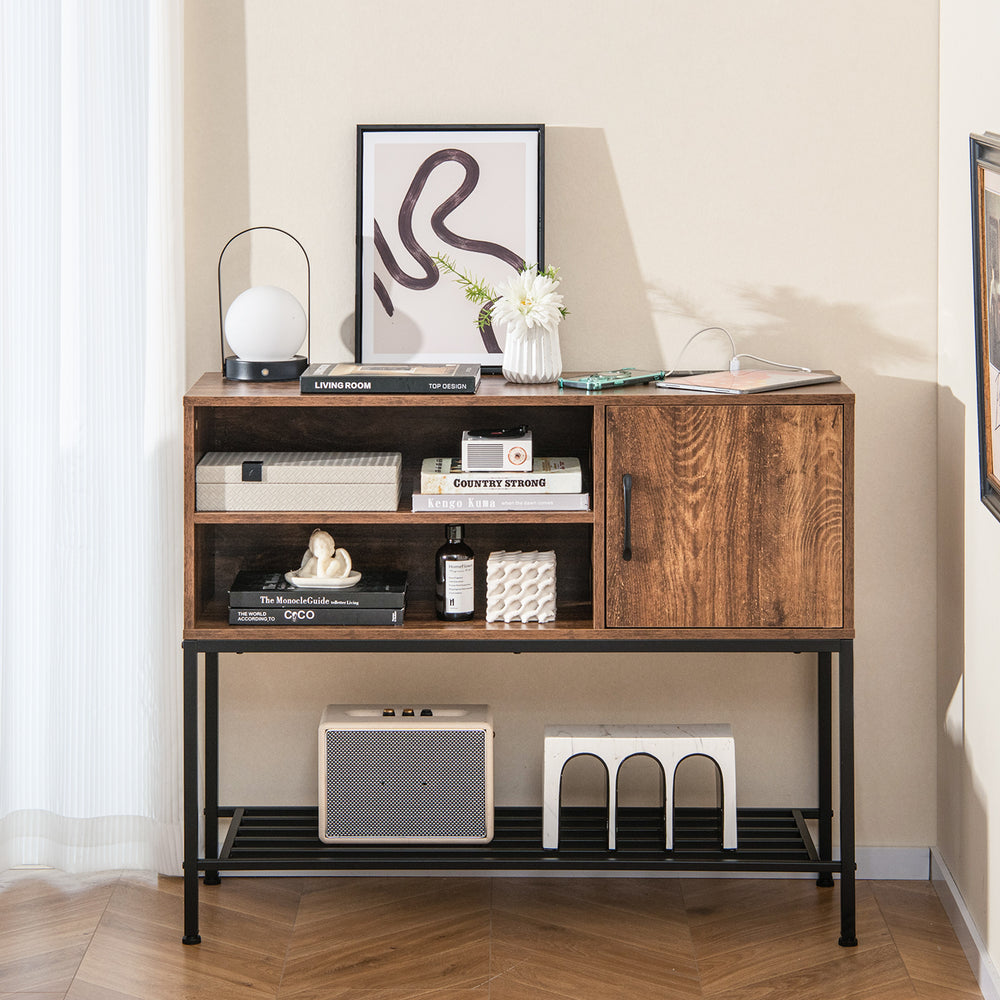 Buffet sideboard cabinet in rustic brown with power outlets, USB ports, and detachable wine racks for versatile storage.