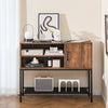 Buffet sideboard cabinet in rustic brown with power outlets, USB ports, and detachable wine racks for versatile storage.