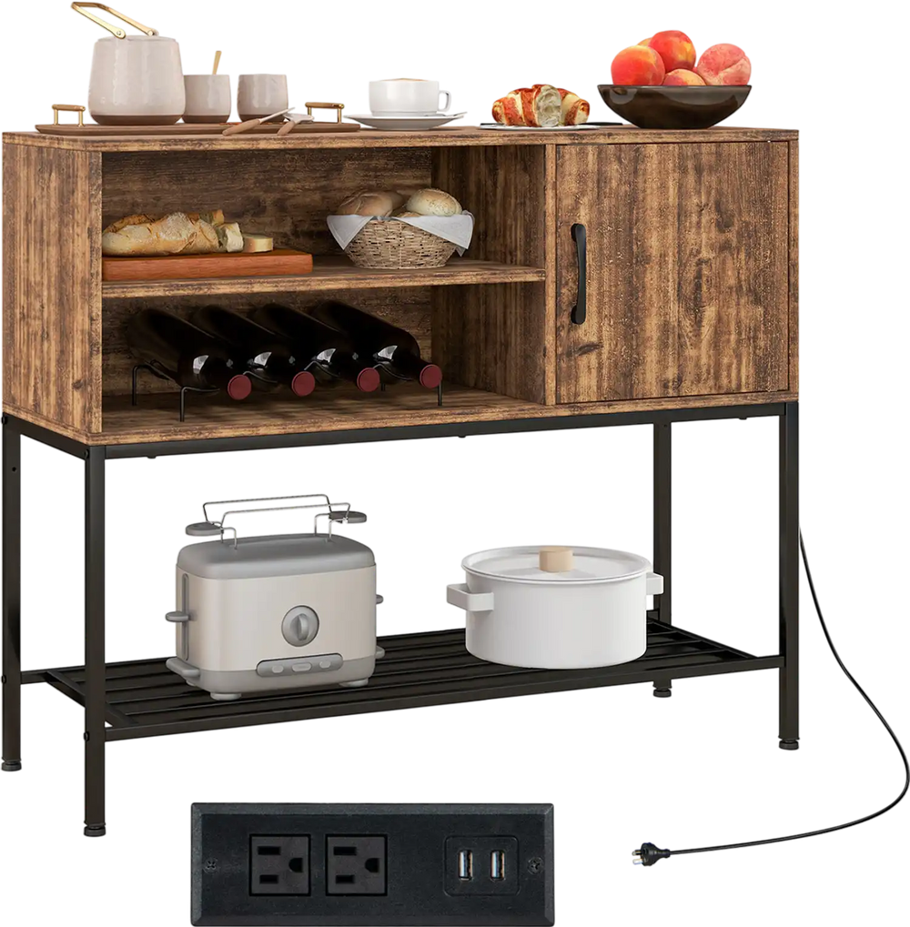 Buffet sideboard coffee bar cabinet in rustic brown, featuring a solid metal frame and a detachable wine rack for.