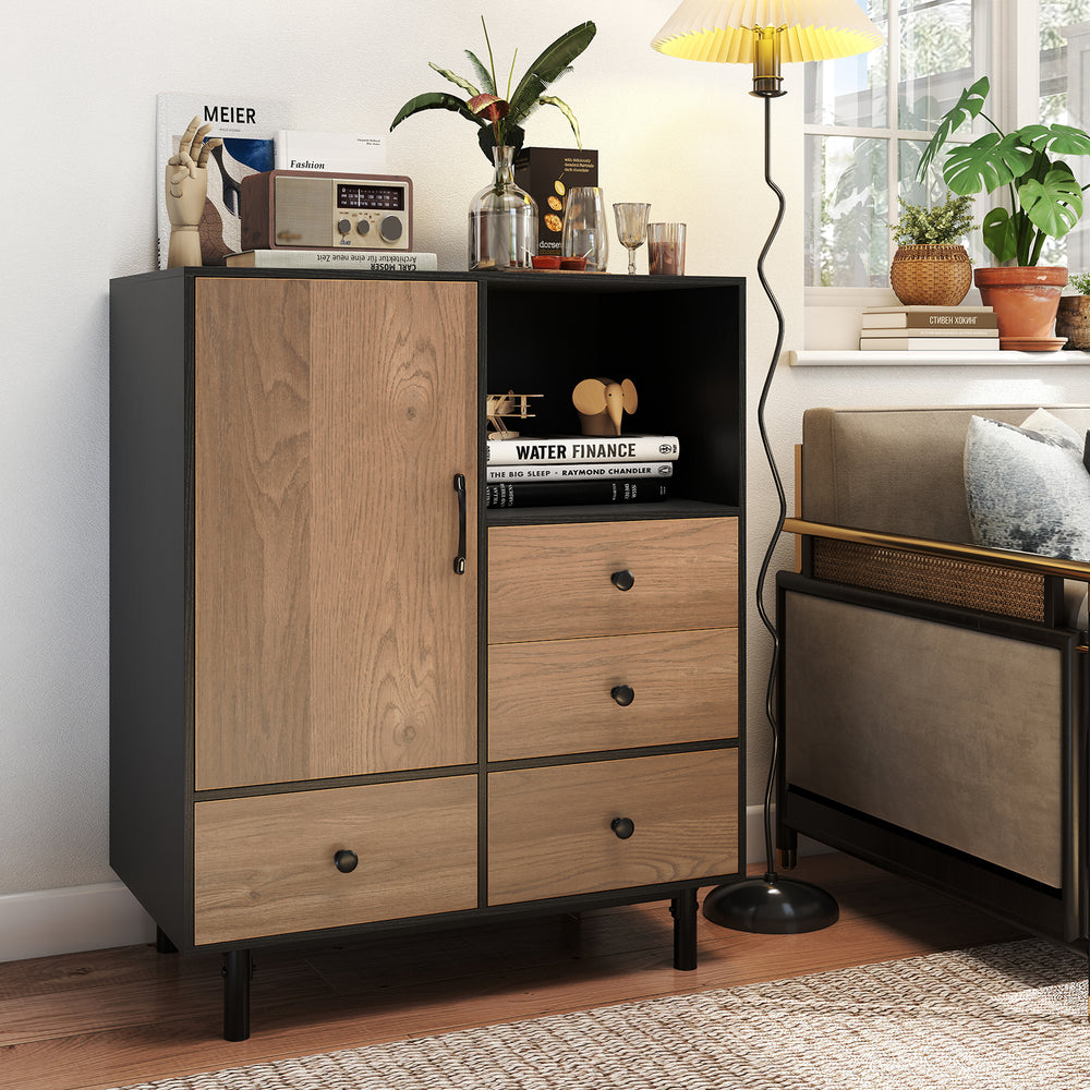 Mid-century modern storage cabinet in black with 4 drawers and open compartment, ideal for tidy organization and.
