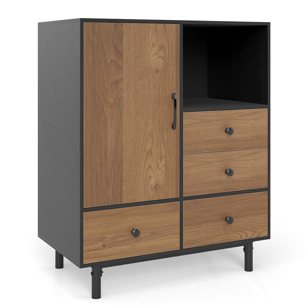 Mid-century modern storage cabinet in black with 4 drawers and open compartment, ideal for tidy organization.