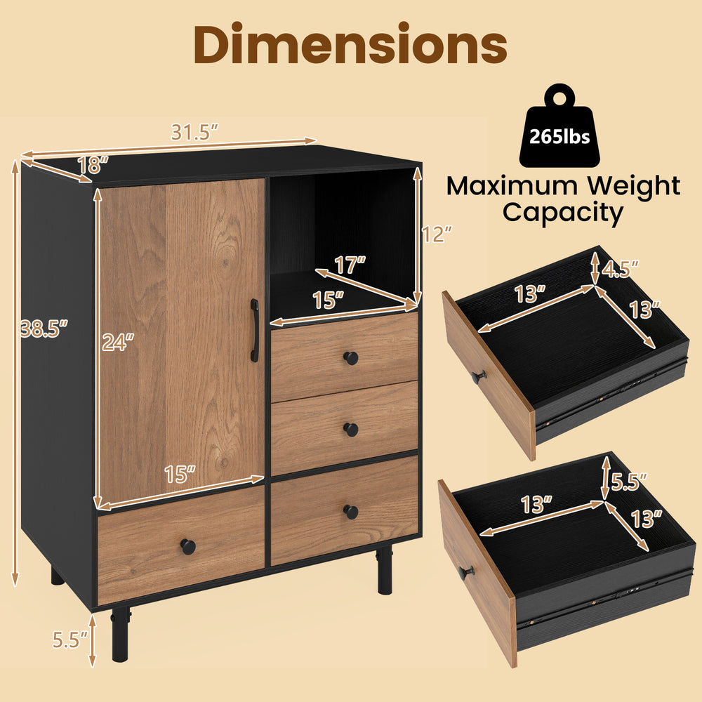 Mid-century modern black buffet sideboard with 4 drawers and open compartment, featuring dimensions and weight capacity.