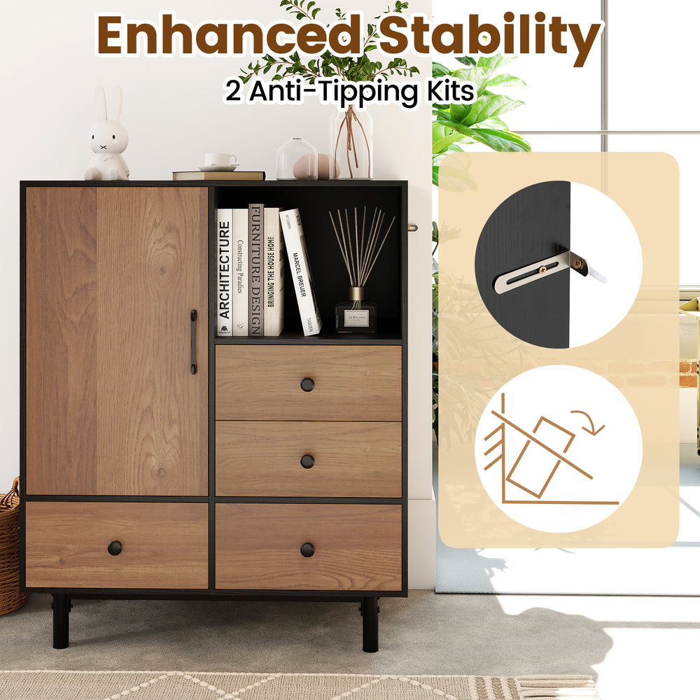 Buffet sideboard with 4 drawers and open compartment, featuring anti-tipping kits for enhanced stability and elegant.