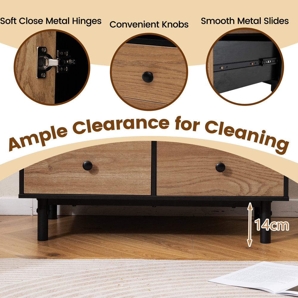 Buffet sideboard with 4 drawers, open compartment, and 14cm clearance for easy cleaning, featuring soft close hinges.