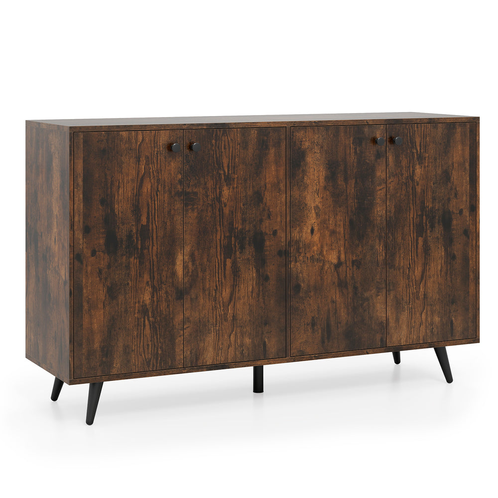 Mid-century modern buffet sideboard in rustic brown with 4 doors and adjustable shelves for versatile storage.
