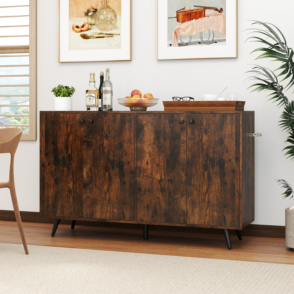 Buffet sideboard in rustic brown with a spacious design, featuring adjustable shelves and a sturdy 5-leg support.