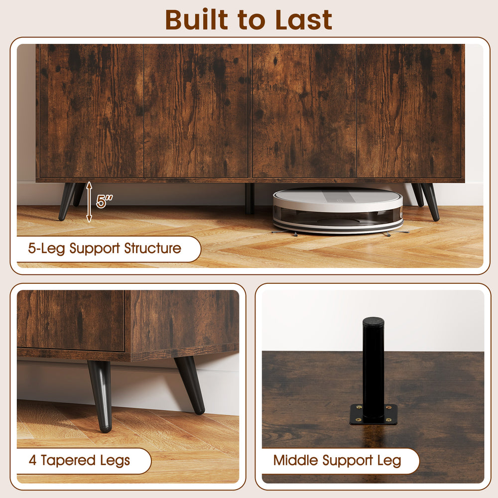 Buffet sideboard with rustic brown finish, showcasing 5-leg support structure and adjustable shelves for versatile.