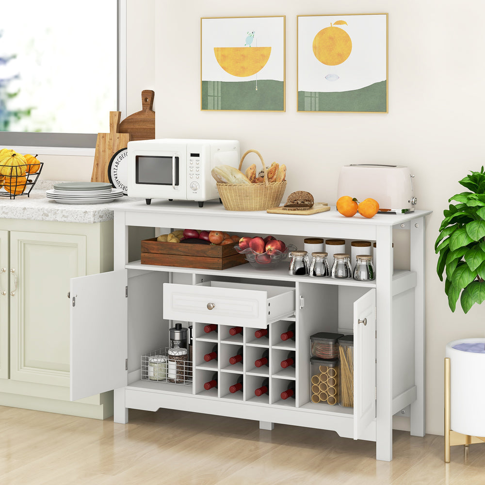 Buffet sideboard cabinet in white with removable wine rack, open shelf, and side cabinets for versatile kitchen storage.