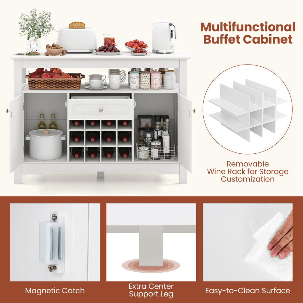 Buffet sideboard cabinet in white featuring a removable wine rack, open shelf, and two side cabinets for versatile.