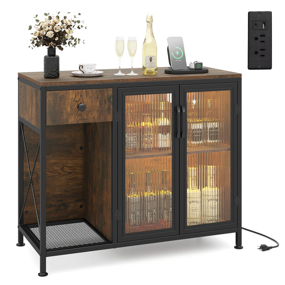 Buffet sideboard in rustic brown with doors, power outlets, and LED light, perfect for kitchen or dining room storage.