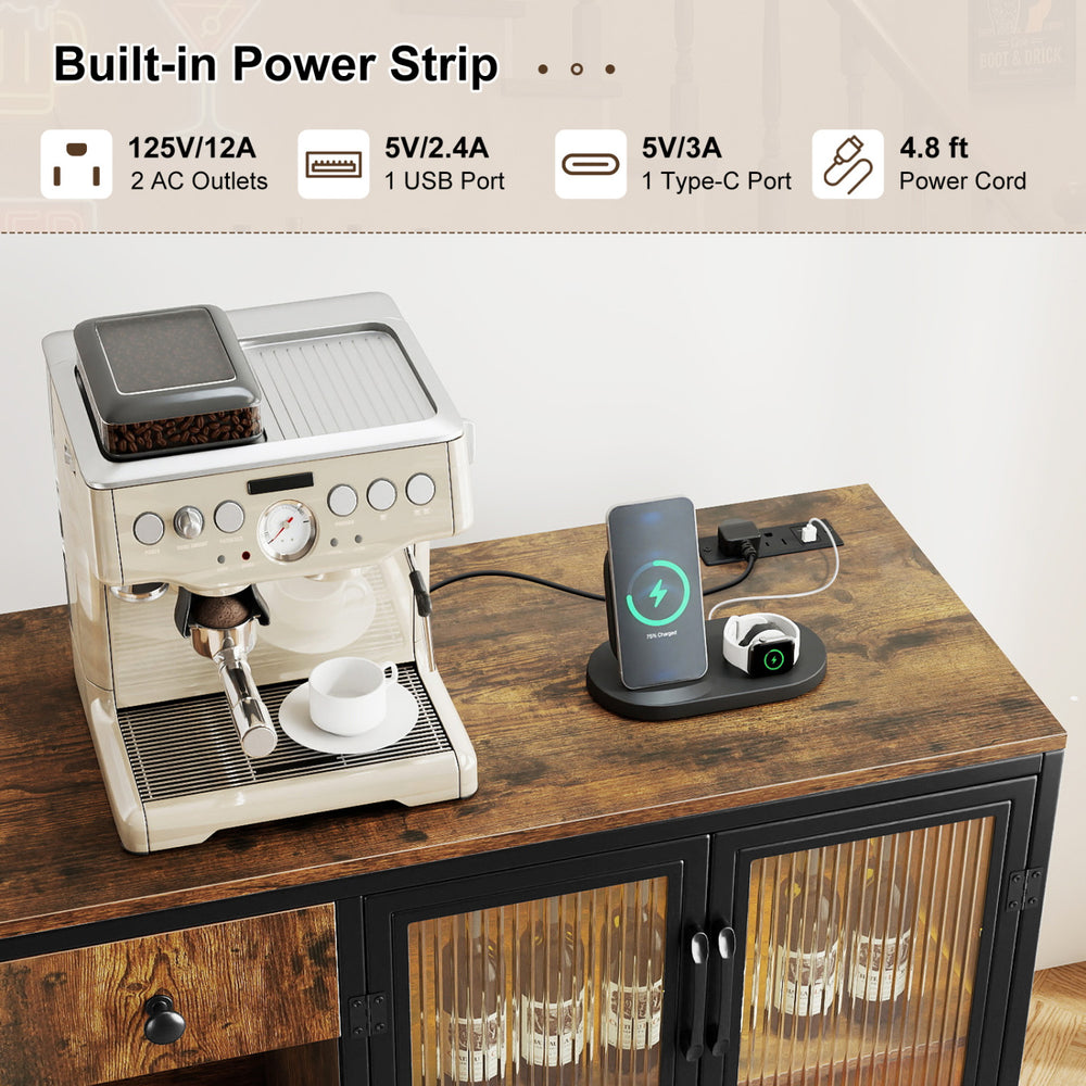 Buffet sideboard in rustic brown with built-in power outlets and RGB LED light, ideal for kitchen or dining room use.