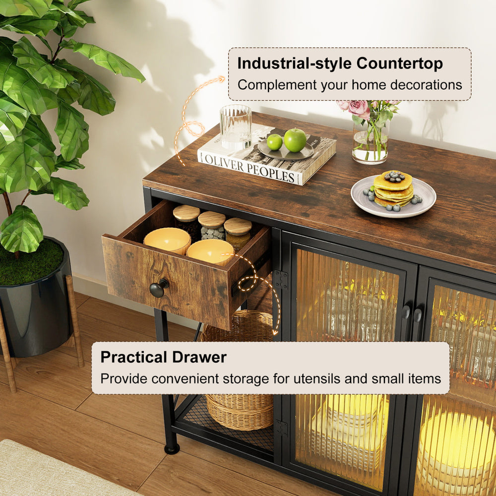 Buffet sideboard with rustic brown finish, featuring a practical drawer and industrial-style countertop for versatile.