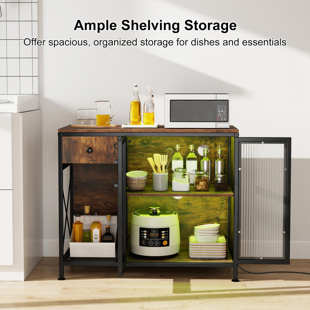 Buffet sideboard with rustic brown finish, featuring ample shelving, a drawer, and LED lights for versatile storage.