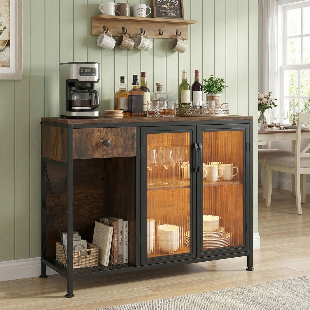 Buffet sideboard in rustic brown with LED lights, power outlets, and ample storage for kitchen and dining essentials.