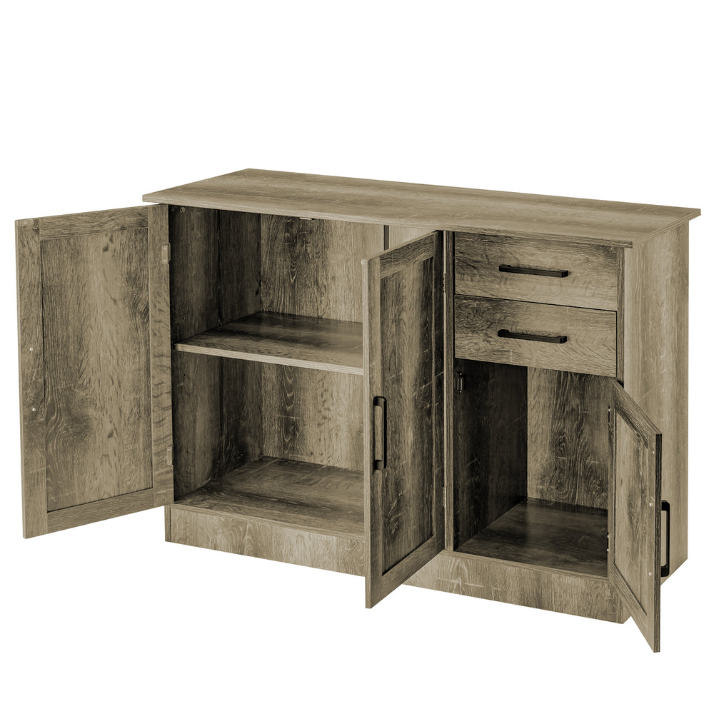 Buffet storage cabinet in gray with 2 drawers and 2 side cabinets, ideal for kitchen and dining room organization.