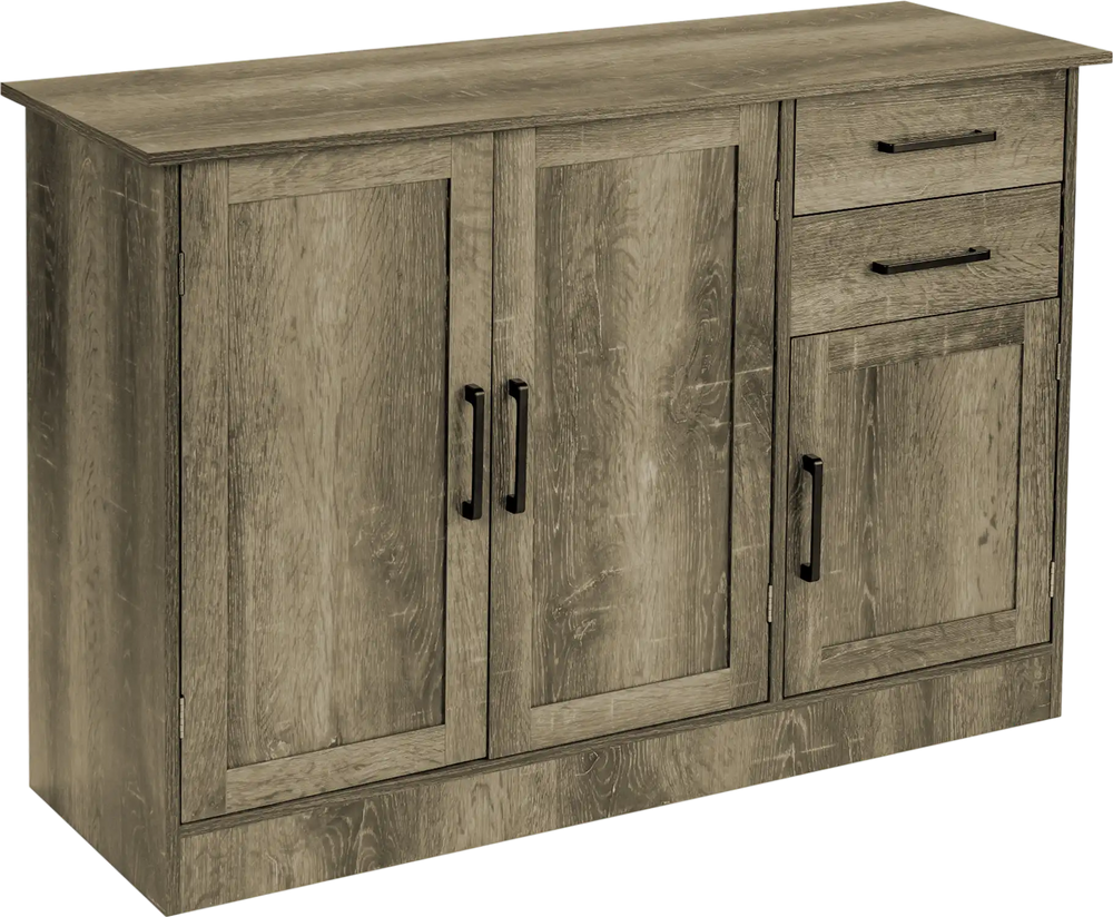 Gray buffet storage cabinet featuring a wide top and magnetic catch doors, perfect for modern home decor and.