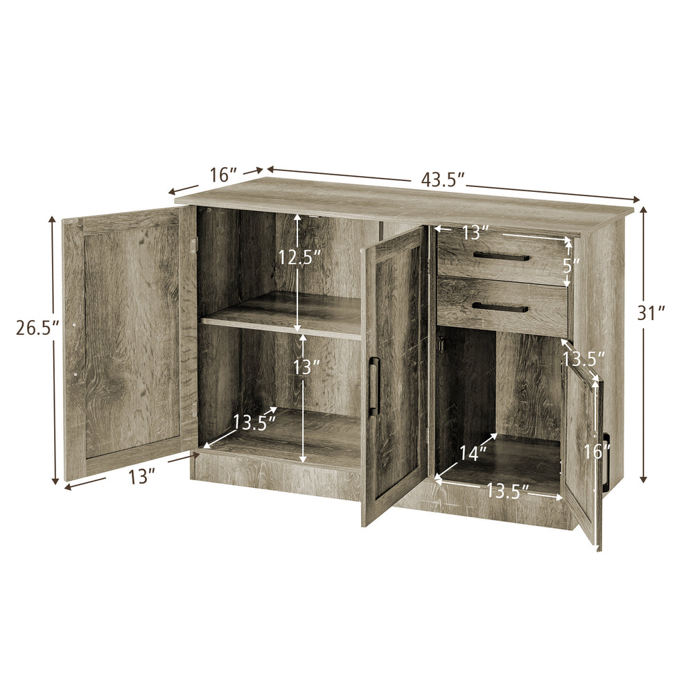 Buffet storage cabinet in gray with 2 drawers and 2 side cabinets, featuring adjustable shelves for versatile storage.