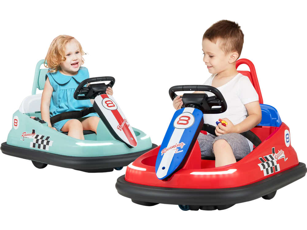 Kids ride-on bumper cars in red and green, featuring 360° spinning, safety belts, and LED lights for indoor fun.