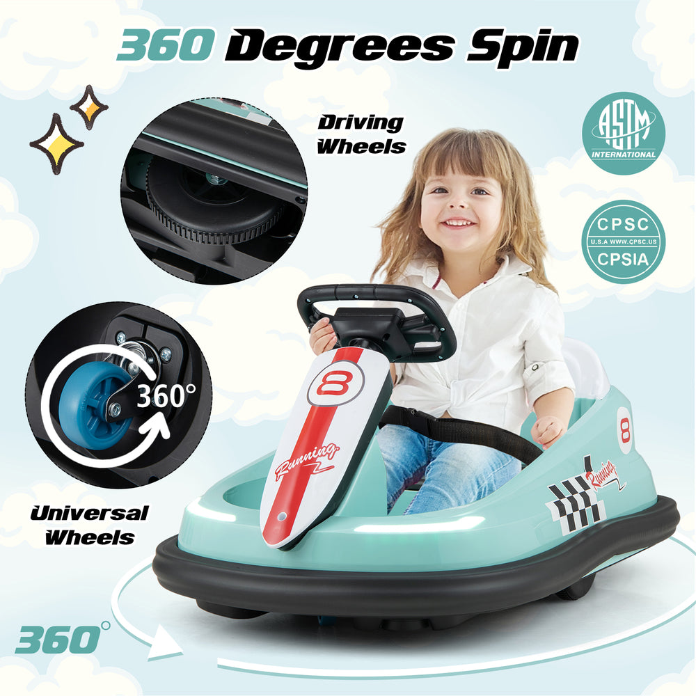 Kids ride-on bumper car in green with 360° spinning, functional steering wheel, and safety belt for indoor or outdoor.