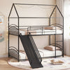 Twin-over-twin black metal bunk bed with slide and ladder, perfect for kids' rooms and shared spaces.