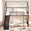 Twin-over-twin black metal bunk bed with slide, featuring sturdy slats and high guardrails for kids' safety and fun.