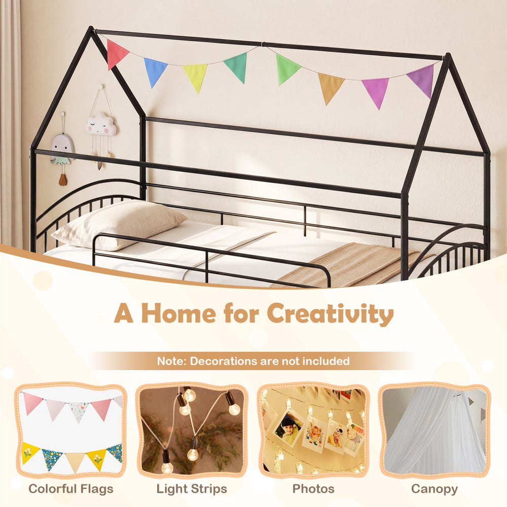 Twin-over-twin house bunk bed frame in black with colorful flags, ideal for kids' rooms and shared spaces.