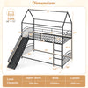 Twin-over-twin house bunk bed frame in black with slide and ladder, designed for kids' rooms and shared spaces.