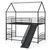 Twin-over-twin black metal house bunk bed with slide and ladder, perfect for kids' rooms and shared spaces.