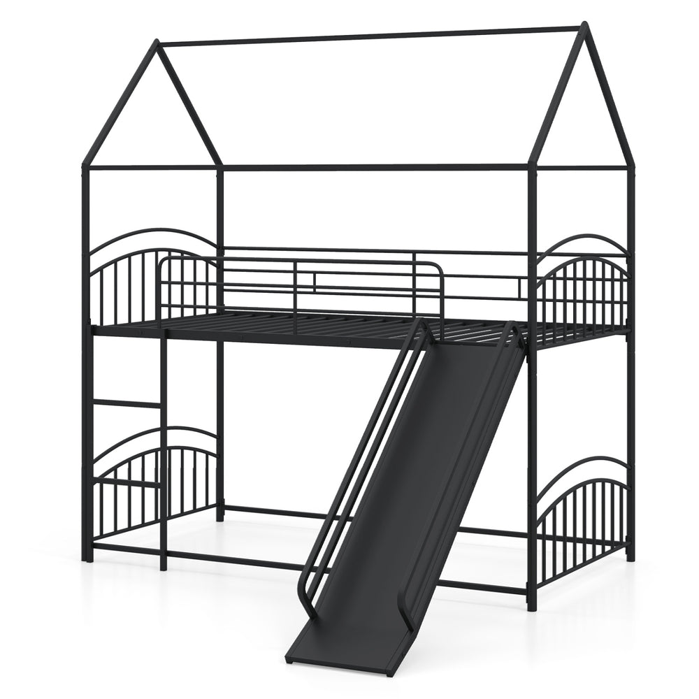 Twin-over-twin black metal house bunk bed with slide and ladder, perfect for kids' rooms and shared spaces.