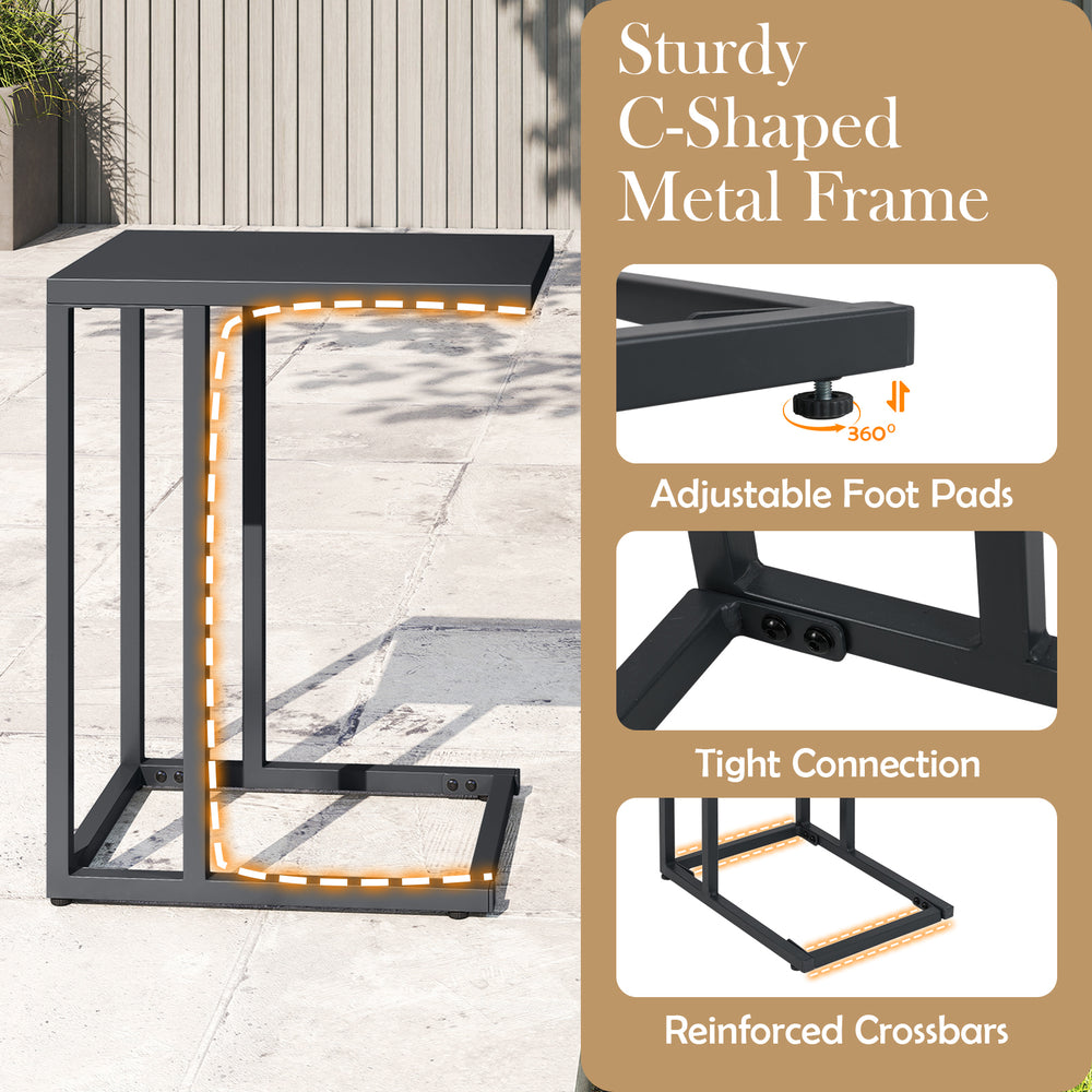 C-shaped side table in dark gray featuring a sturdy metal frame and adjustable foot pads, suitable for various indoor.