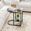 C-shaped modern sofa side table with faux marble tabletop, black metal frame, and 2-tier storage for living rooms.