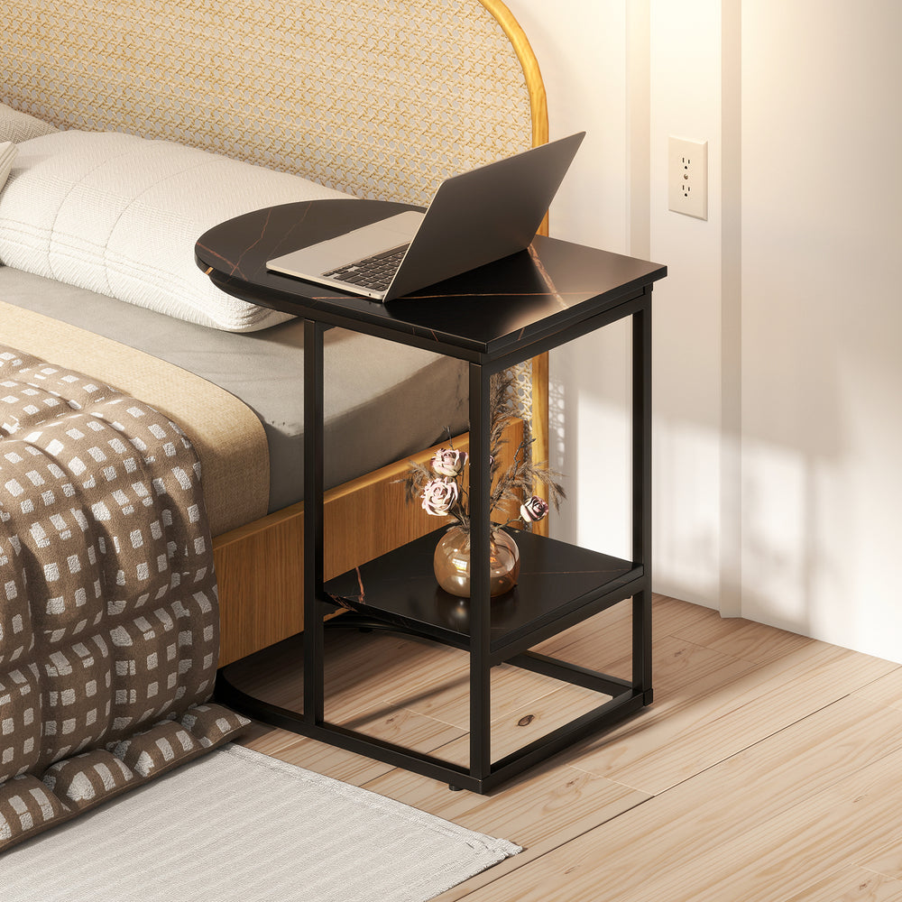 C-shaped modern side table with faux marble tabletop and storage shelf, perfect for tight spaces in bedrooms or living.