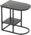 C-shaped modern sofa side table with faux marble tabletop and storage shelf, perfect for tight spaces and easy cleaning.
