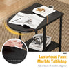 C-shaped modern side table with black faux marble tabletop and storage shelf, perfect for tight spaces in living rooms.