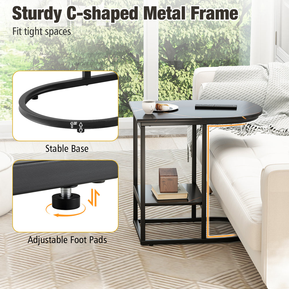 C-shaped modern sofa side table with faux marble tabletop and storage shelf, featuring a sturdy metal frame and.