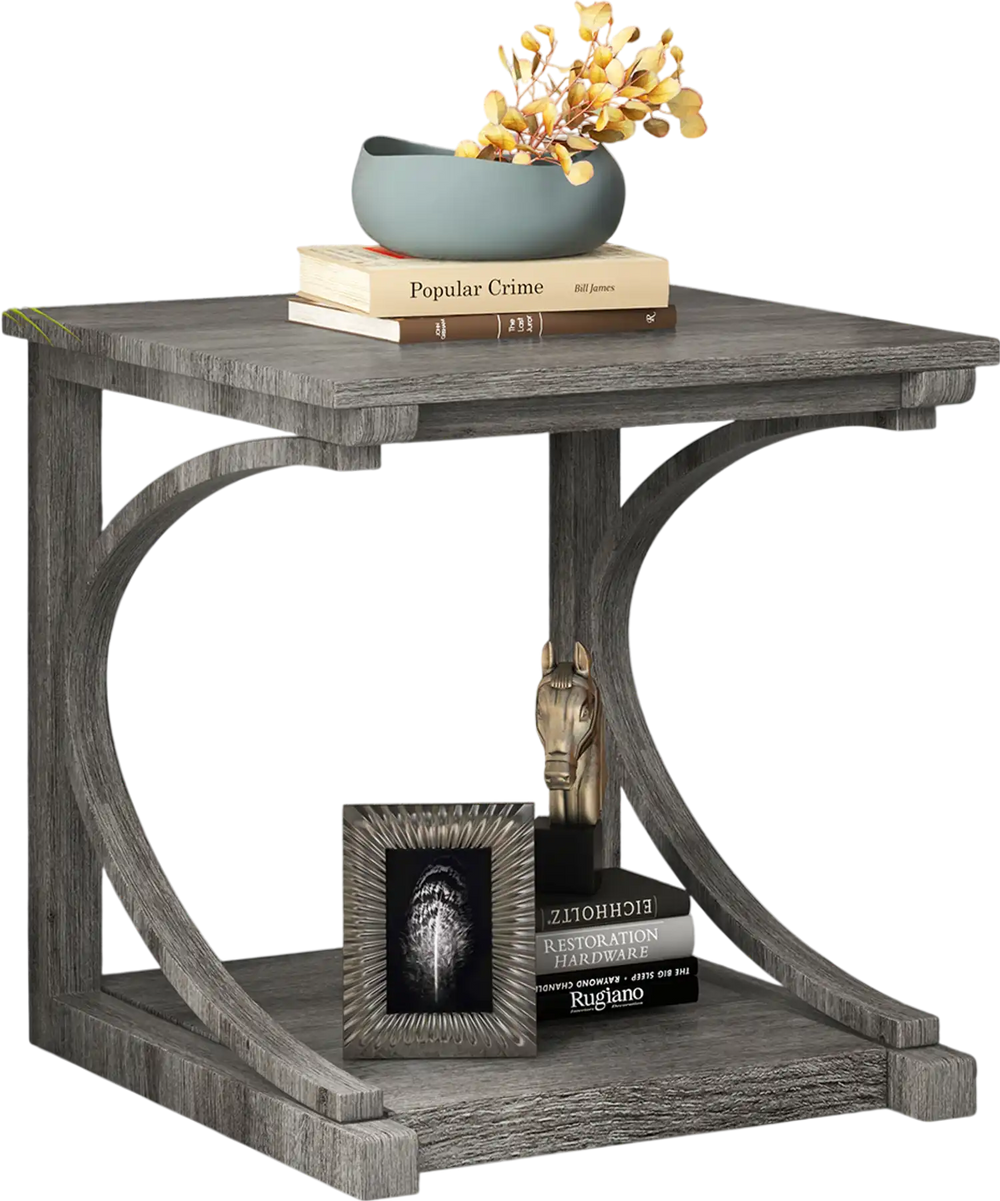 C-shaped grey end table with spacious top and bottom shelf, perfect for lamps and storage in small spaces.