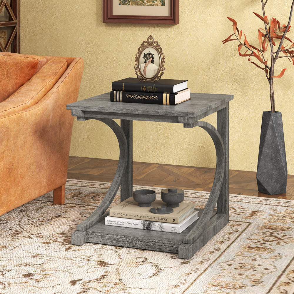 C-shaped 24-inch grey end table with two tiers, featuring a spacious top and bottom shelf for storage and decor.