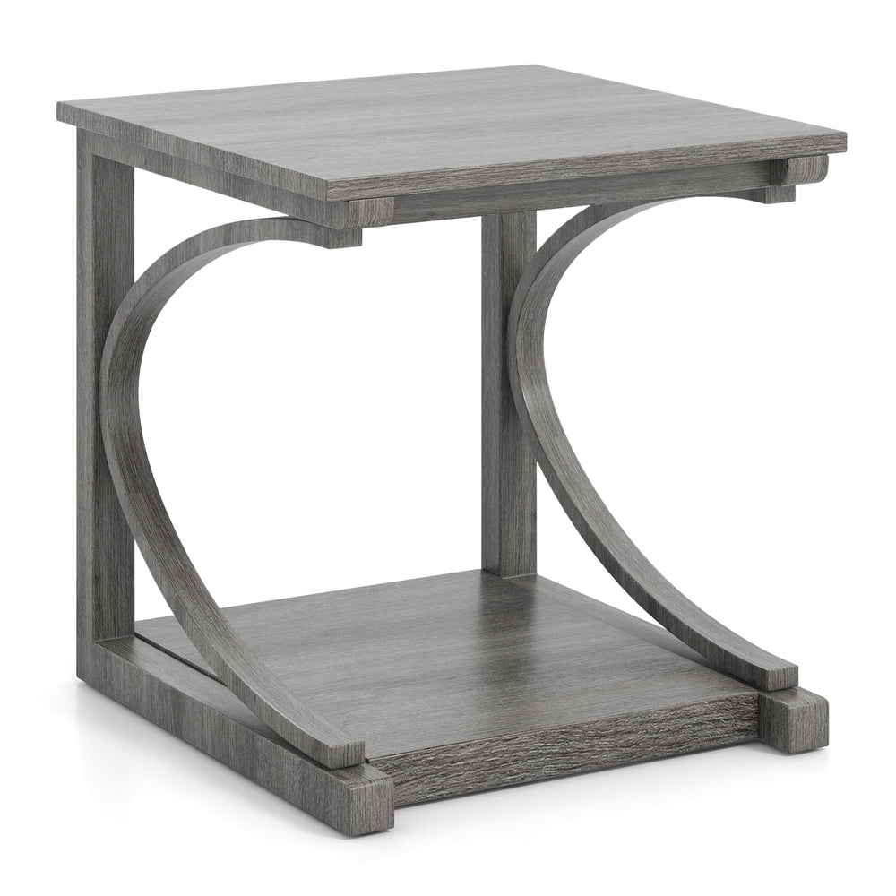 C-shaped grey end table with spacious top and bottom shelf for storage, ideal for small spaces and easy to clean.