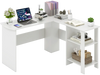 L-shaped white computer desk with large tabletop, 2 storage shelves, and cable holes for organized workspace.