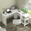 L-shaped white computer desk with large tabletop, two storage shelves, and cable holes for organized workspace.