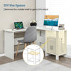 L-shaped white computer desk with side storage shelves, featuring cable holes for tidy wire management.