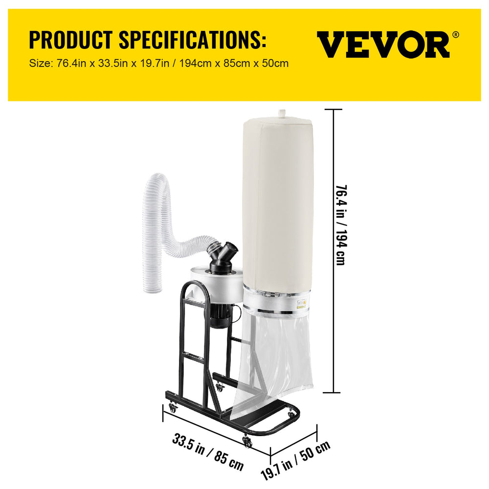 Vevor Dust Collector 1.5HP 220V with Vortex Technology 647 CFM Airflow Mobile Base 13.2 Gal Capacity New