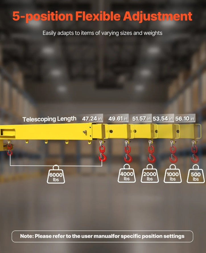 Vevor Adjustable Forklift Jib Boom Crane 6000 Lbs Capacity 2 Hooks Alloy Steel New