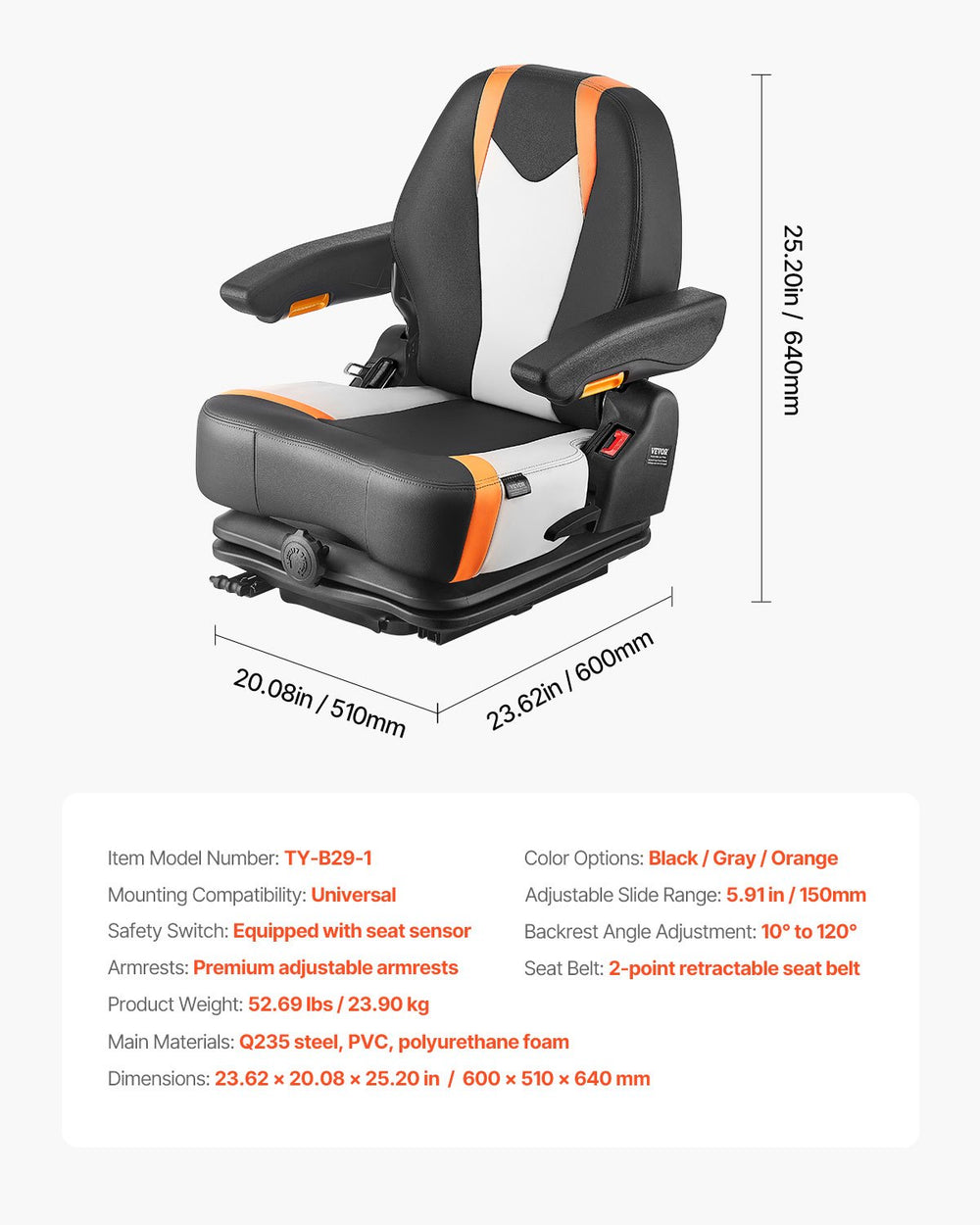 Vevor Forklift Tractor Seat Adjustable Suspension and Backrest Foldable Universal Fit New