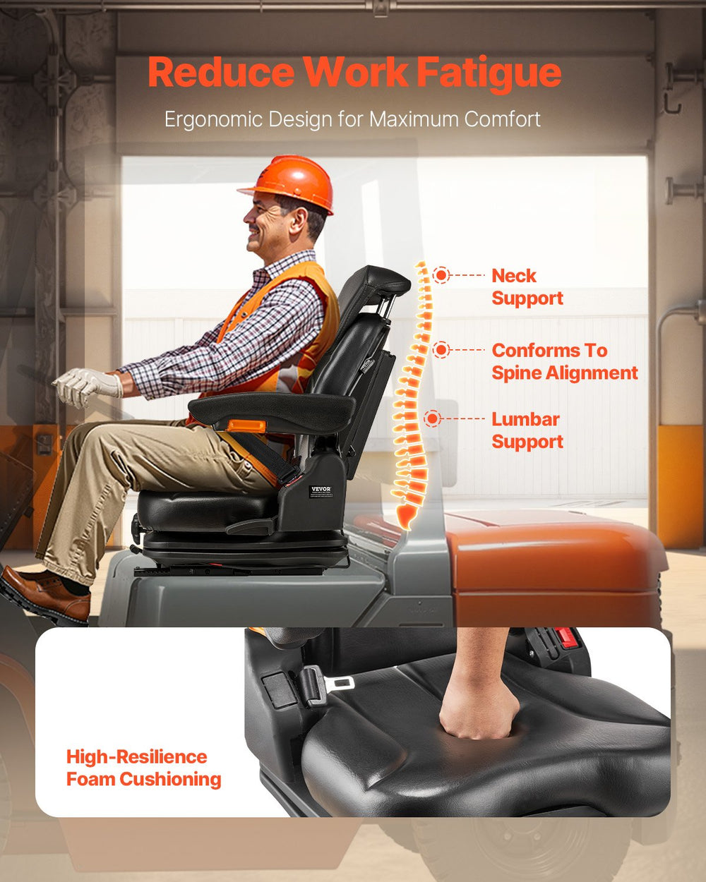 Vevor Forklift Suspension Seat Foldable with Adjustable Backrest and Headrest Universal Fit New