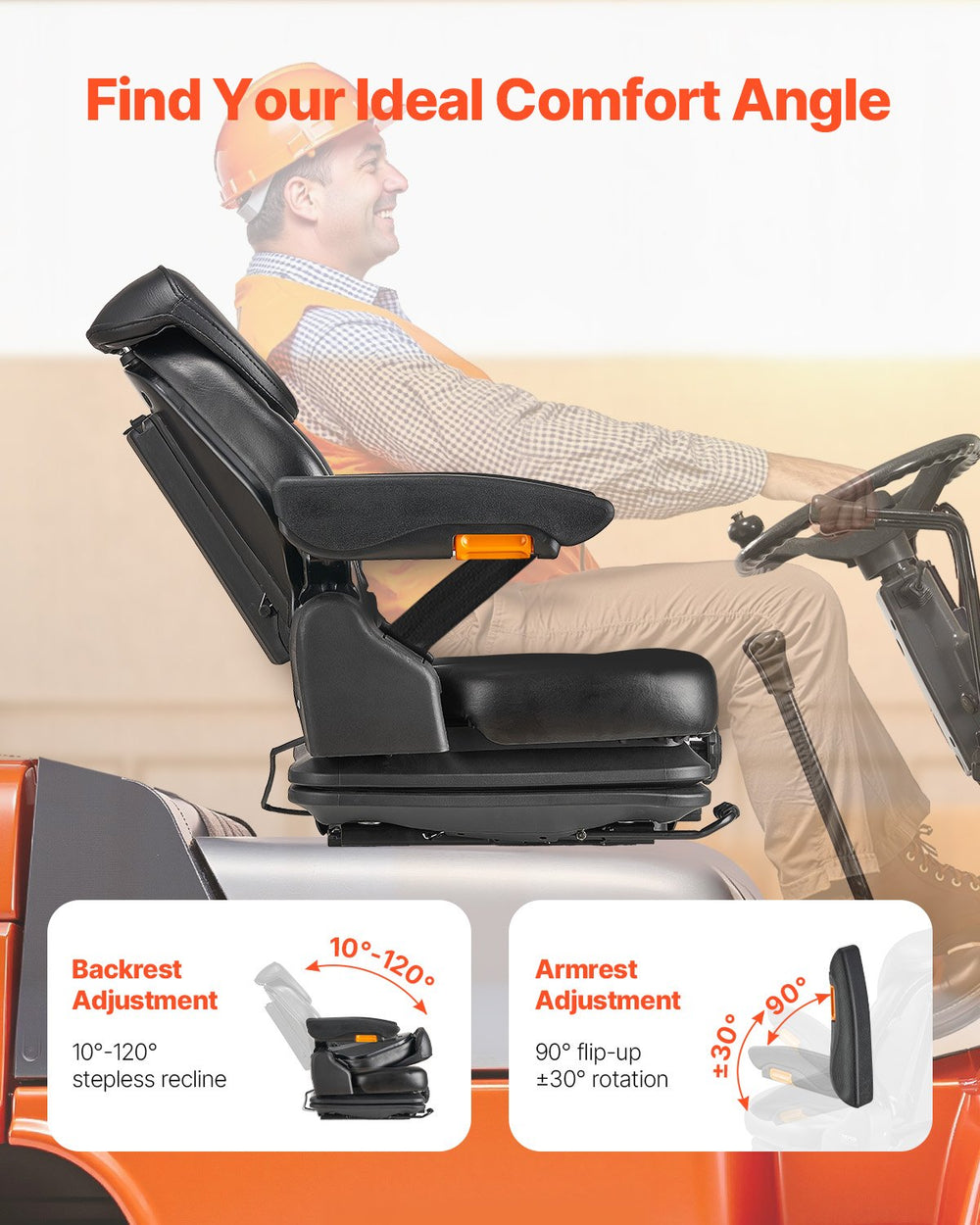 Vevor Forklift Suspension Seat Foldable with Adjustable Backrest and Headrest Universal Fit New